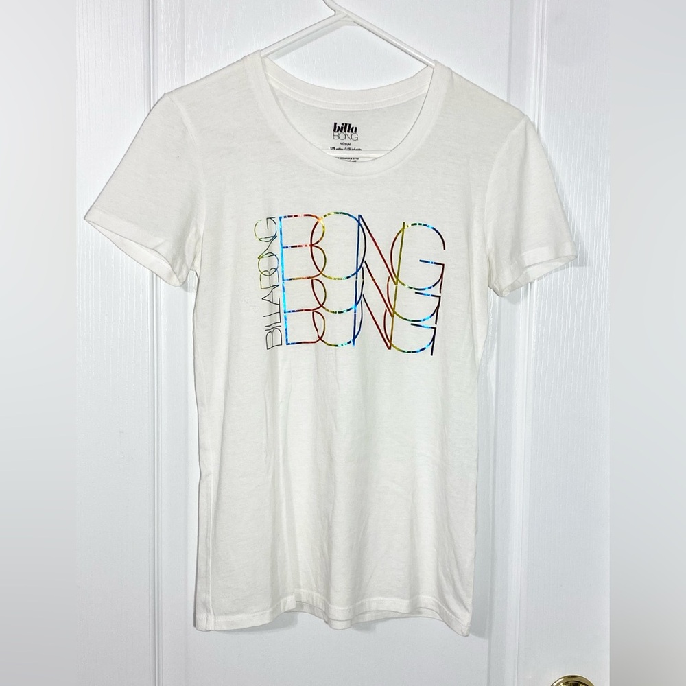 Y2K Billabong Rainbow Foil Logo Graphic Tee White Medium